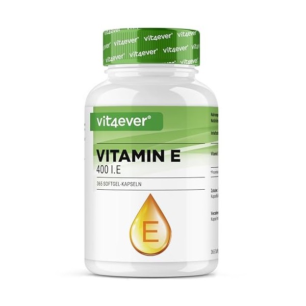 Vitamine E 400 U.I. naturelle - 365 capsules softgel - Premium : vitamine E naturelle de tournesol - 12 mois dapprovisionnem