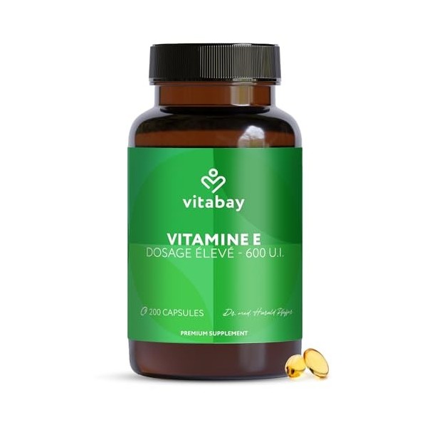 Vitabay Vitamine E 600 IE Depot - 200 softgels végétaliens - D-alpha tocophérol naturel - haut dosage - protection cellulaire