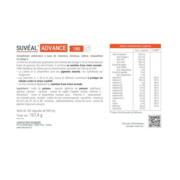 Densmore - SUVEAL Advance 3 mois - Complément Alimentaire Ophtalmologie à base d’Omega 3 DHA , Lutéine, Zéaxanthine, Quercét ...