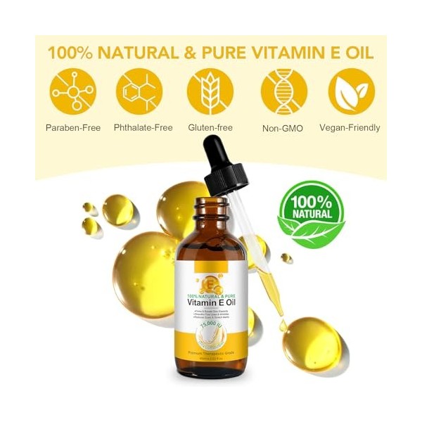 Huile de vitamine E bio pour cosmétiques – 75 000 IU ultra concentrée | 100 % naturelle et pure huile de vitamine E | Hydrata