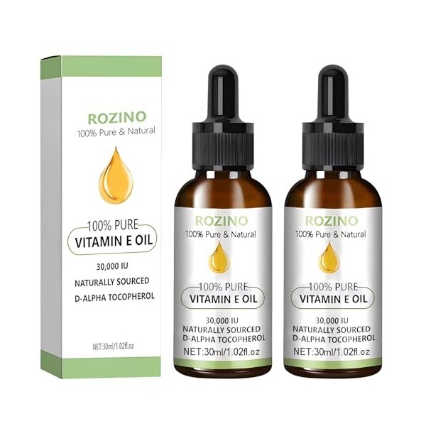 Huile de Vitamine E, 2 x 30 ml Vitamine e Huile Pure, Vitamin E Oil for Skin, Huile Vitamine E pour Peau, Cicatrices, Visage