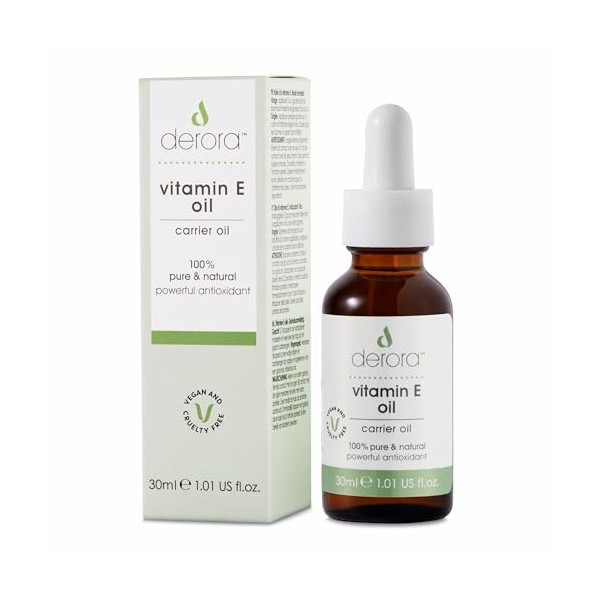 Derora Huile de vitamine E | Nourrit la peau, les cheveux et les ongles | 100% pur | Naturel | 30 000 UI | Puissant antioxyda