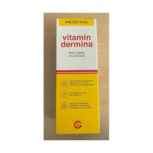 VITAMINDERMINA Poudre classique protectrice 100 g - Avec amidon de maïs, oxyde de zinc et vitamine F - Contre la transpiratio