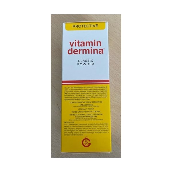 VITAMINDERMINA Poudre classique protectrice 100 g - Avec amidon de maïs, oxyde de zinc et vitamine F - Contre la transpiratio