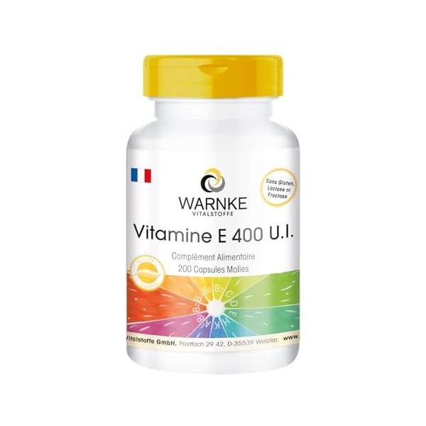 Vitamine E 400 U.I. - 200 softgels pour 200 jours, antioxydant, emballage en gros | Warnke Vitalstoffe - Qualité des pharmaci