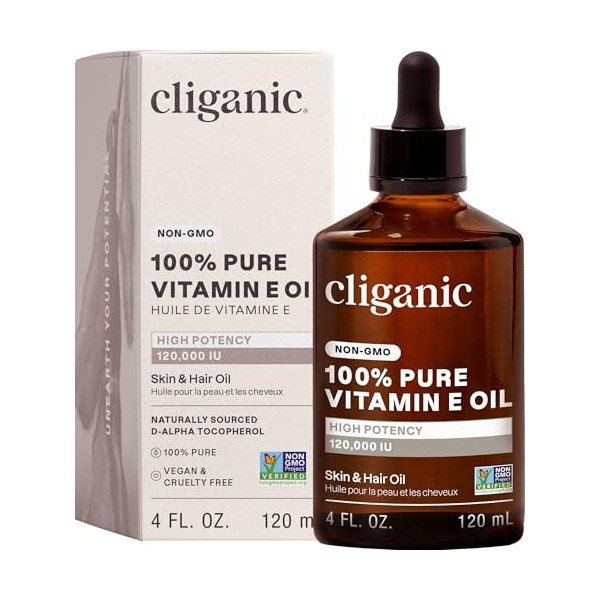 Cliganic Huile de vitamine E 100 % pure pour la peau, les cheveux et le visage – 120 000 UI, sans OGM | Tocophérol D-Alpha na...