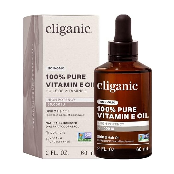 Cliganic Huile de vitamine E 100 % pure pour la peau, les cheveux et le visage – 120 000 UI, sans OGM | Tocophérol D-Alpha na...