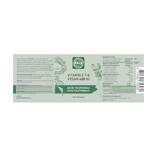 Kala Health Vitamine E – Tous les 8 tocophérols + tocotriénols 400 UI végétaliens – Alpha tocophérol/tocotriénol + bêta-tocop