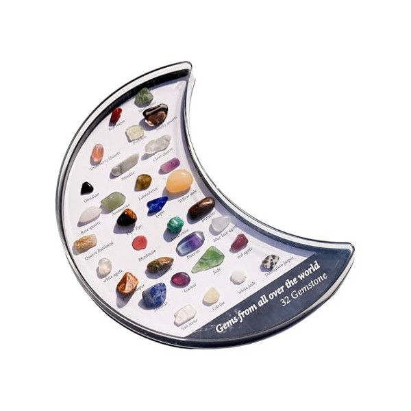 Boîte Forme Lune - Agate Naturelle avec 32 Pierres Précieuses | Plateau Ranger | Élément Décoratif Énergétique Méditation Exp