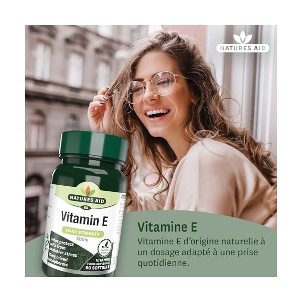 Natures Aid Vitamine E 200 UI Softgels - Antioxydant & Anti-âge pour Visage et Cheveux Contribue à la protection des cellules...