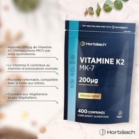 Vitamine K2 MK7 200mcg | 400 Comprimés Vegan Fort Dosage | Ménaquinone MK-7 Très Puissante | Contribue au Maintien dune Ossa