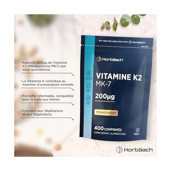Vitamine K2 MK7 200mcg | 400 Comprimés Vegan Fort Dosage | Ménaquinone MK-7 Très Puissante | Contribue au Maintien dune Ossa