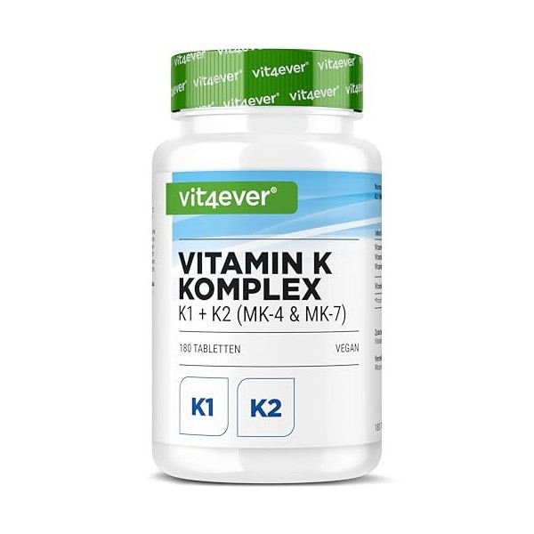 Complexe Vitamine K - 180 Comprimés - Hautement Dosé avec 1 000 µg de Vitamine K1 + K2 Ménaquinone 1 000 µg MK4 + 200 µg MK7