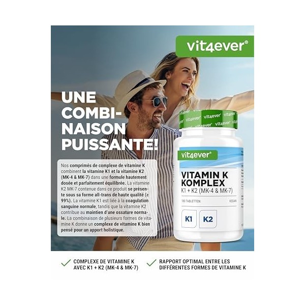 Complexe Vitamine K - 180 Comprimés - Hautement Dosé avec 1 000 µg de Vitamine K1 + K2 Ménaquinone 1 000 µg MK4 + 200 µg MK7