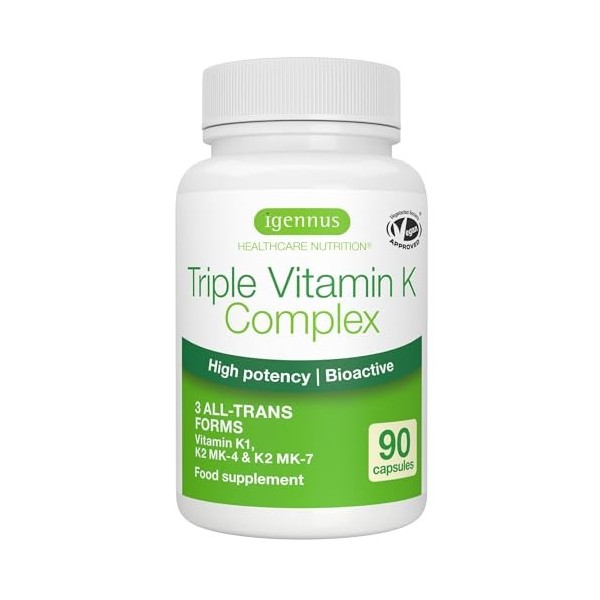 Igennus Triple Vitamine K Complex Avancé 2700 mcg, K2 MK-4 & MK-7 & K1, Formes Naturelles Bioactives, Haute Puissance, Sant