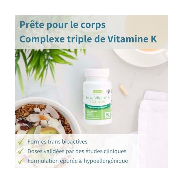 Igennus Triple Vitamine K Complex Avancé 2700 mcg, K2 MK-4 & MK-7 & K1, Formes Naturelles Bioactives, Haute Puissance, Sant