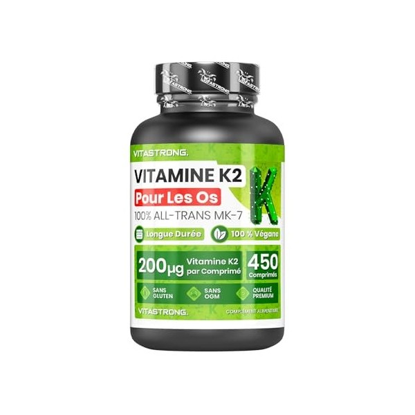 Vitamine K2 MK7 200µg Vitastrong Vegan, 1 Comprimé par Jour Cure 15 Mois 450 Comprimés, MK-7 All-Trans Haute Biodisponibili