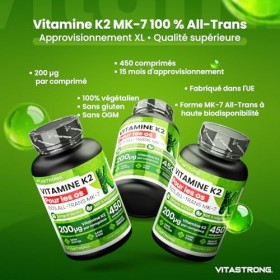 Vitamine K2 MK7 200µg Vitastrong Vegan, 1 Comprimé par Jour Cure 15 Mois 450 Comprimés, MK-7 All-Trans Haute Biodisponibili
