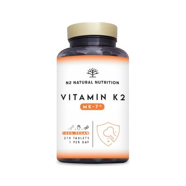 Vitamine K2 MK-7. Complément alimentaire. 210 Capsules pour 210 jours avec Ménaquinone et Chlorophylle. Marquage CE. N2 Natur