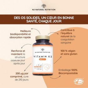Vitamine K2 MK-7. Complément alimentaire. 210 Capsules pour 210 jours avec Ménaquinone et Chlorophylle. Marquage CE. N2 Natur