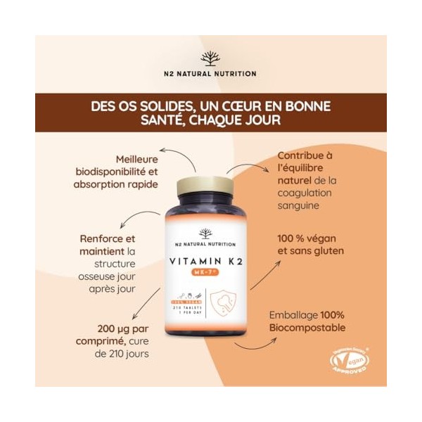 Vitamine K2 MK-7. Complément alimentaire. 210 Capsules pour 210 jours avec Ménaquinone et Chlorophylle. Marquage CE. N2 Natur