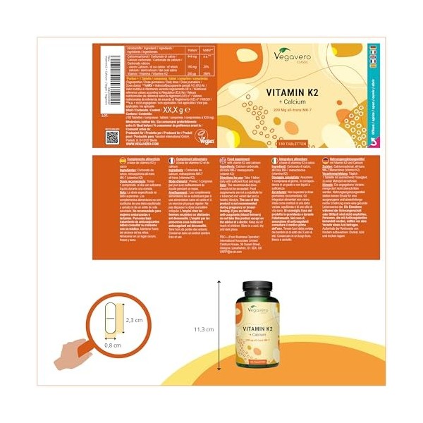 Vitamine K2 MK7 All-trans + Calcium | Dosage Elevé : 200 mcg Vit K2 | Le Seul Sans Additif | Coagulant Sang + Anti Inflammato