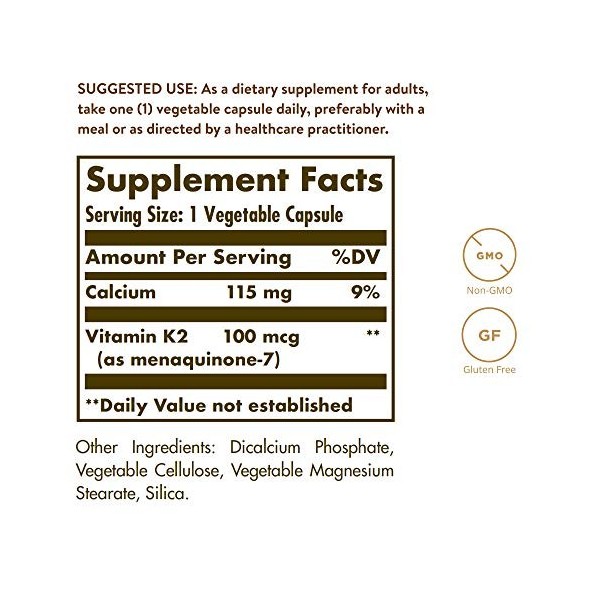 Solgar Vitamine K2 MK‑7 100 µg - Maintien de l’Ossature - MK-7 Forme Efficace de Vitamine K - Hautement Assimilable - Santé O