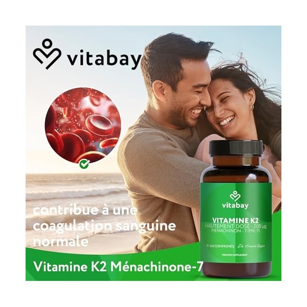Vitamine K2 200 ?g ménaquinone naturelle MK-7 240 comprimés végétaliens Vitamine K