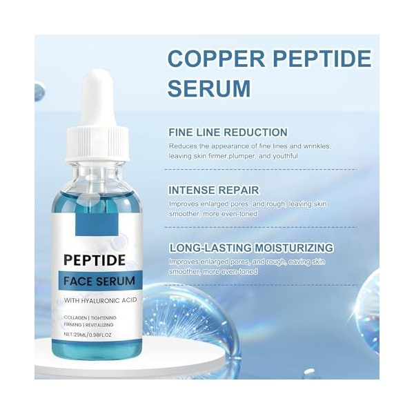 2 Pcs Copper Peptide Serum Peptide de Cuivre Sérum de Peptides de Cuivre pour le Visage Réduire les Ridules et Hydrater la Pe