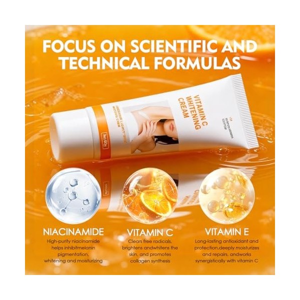 CrèMe éClaircissante Corps,Vitamine C,Whitening Cream Hydratante Anti-Taches,Aide à Unifier Le Teint,Pour Aisselles,Cou,Coude