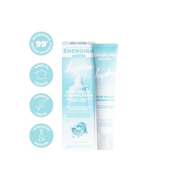 Energiqa Soin Visage by ENERGIE FRUIT – Crème Hydratante Repulpante Visage – Multi-Correcteur Hydratation 12h – Acide Polyglu
