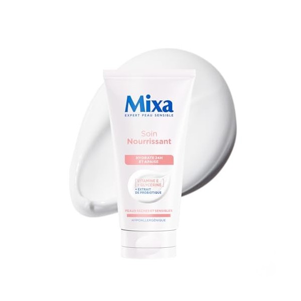 MIXA - Soin Visage Nourrissant & Éclat - Hydratation 24H & Anti-Tiraillements - Vitamine E + Extraits de Probiotiques - Peaux