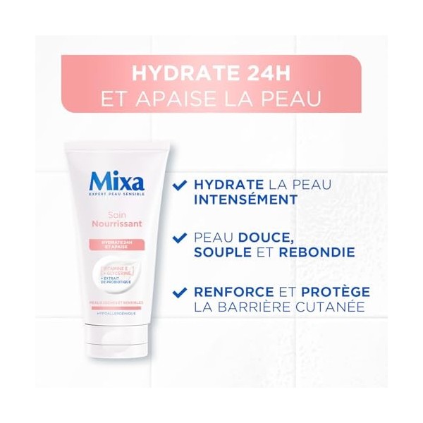 MIXA - Soin Visage Nourrissant & Éclat - Hydratation 24H & Anti-Tiraillements - Vitamine E + Extraits de Probiotiques - Peaux