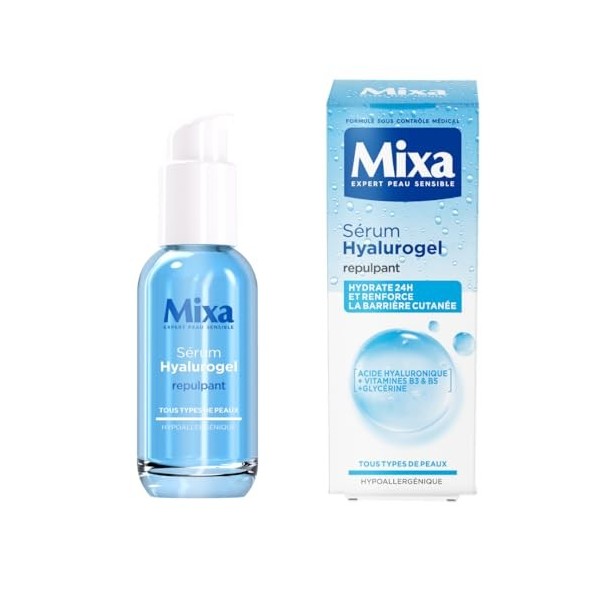 MIXA - Sérum Booster dHydratation Intense 24H - Repulpe & Illumine - Acide Hyaluronique Pur + Vitamines B3 & B5 - Peaux Désh