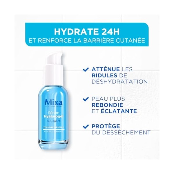 MIXA - Sérum Booster dHydratation Intense 24H - Repulpe & Illumine - Acide Hyaluronique Pur + Vitamines B3 & B5 - Peaux Désh