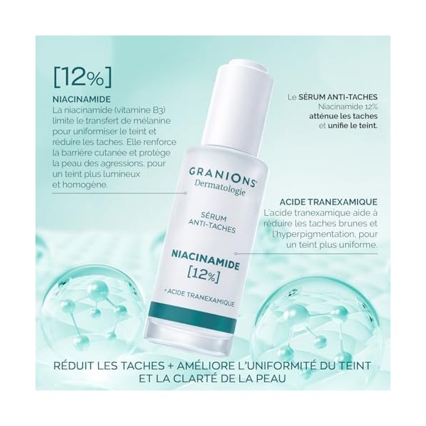 GRANIONS SERUM ACIDE NIACINAMIDE 12% ANTI TACHE VISAGE + ACIDE TRANEXAMIQUE – Serum Niacinamide Corrige Taches Pigmentaires &