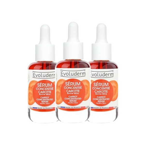 EVOLUDERM - Sérum Concentré Bonne Mine Carotte - 99% dIngrédients dOrigine Naturelle - Végan - Fabrication Française - Lot 