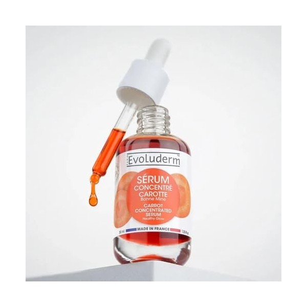 EVOLUDERM - Sérum Concentré Bonne Mine Carotte - 99% dIngrédients dOrigine Naturelle - Végan - Fabrication Française - Lot 