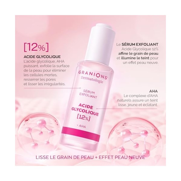 GRANIONS SERUM ACIDE GLYCOLIQUE 12% EXFOLIANT + AHA – Peeling Serum Visage Exfoliation Intense & Teint Éclatant – Skincare Be