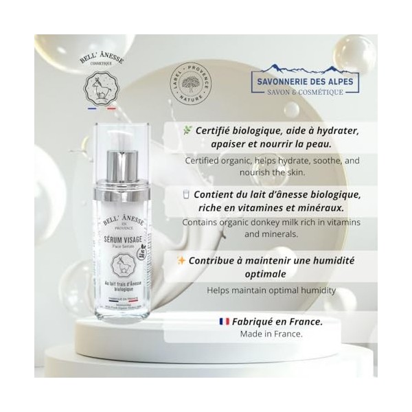 Bell Ânesse Provence Sérum Visage au Lait d’Ânesse Bio – Soin Hydratant & Régénérant – Peaux Sèches et Sensibles – Lot de 1 C...