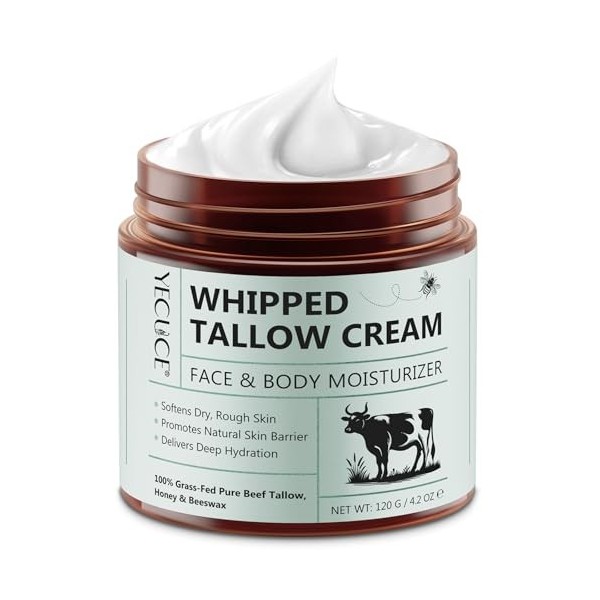 Suif de bœuf fouetté pour la peau 120 g, hydratant pour le visage et le corps, baume de suif de bœuf pour réparer les peaux s
