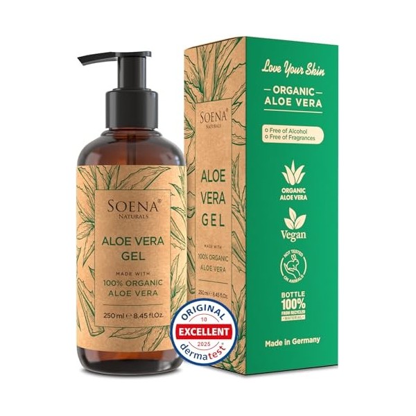 Soena Naturals Gel daloe vera bio – Végétalien | Avec jus de feuilles pur | 100% naturel et pur | Crème hydratante pour le v