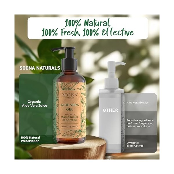 Soena Naturals Gel daloe vera bio – Végétalien | Avec jus de feuilles pur | 100% naturel et pur | Crème hydratante pour le v