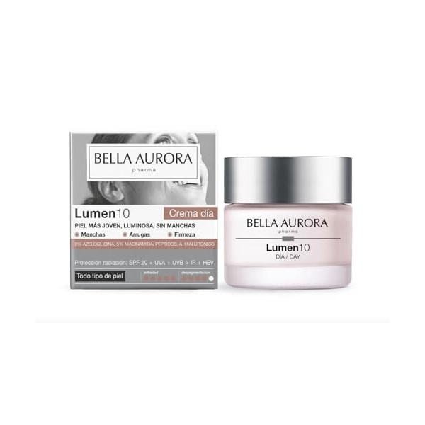 Bella Aurora Lumen10 Crème anti-taches anti-âge avec SPF 20, UVA/UVB/IR/HEV, niacinamide, peptides et acide hyaluronique, hyd