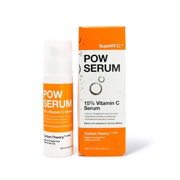 Carbon Theory Sérum visage POW à 15 % de vitamine C pour peaux fatiguées et ternes, cible lhyperpigmentation, exfolie en dou