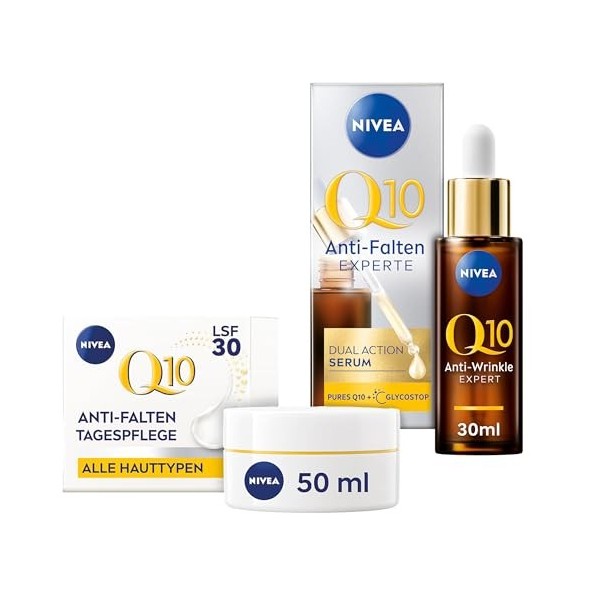 NIVEA Q10 Kit de soin du visage anti-rides avec crème de jour Q10 et créatine et sérum raffermissant avec technologie anti-gl