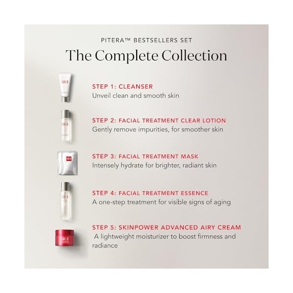 SK-II Pitera Bestsellers Lot de 6 essences de traitement du visage de 218,3 g, lotion transparente de 28,3 g, crème Skinpower