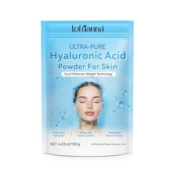 Poudre dAcide Hyaluronique - 120g Hyaluronic Acid Powder Visage & Corps, Technologie Double Poids Moléculaire, Hydratation P