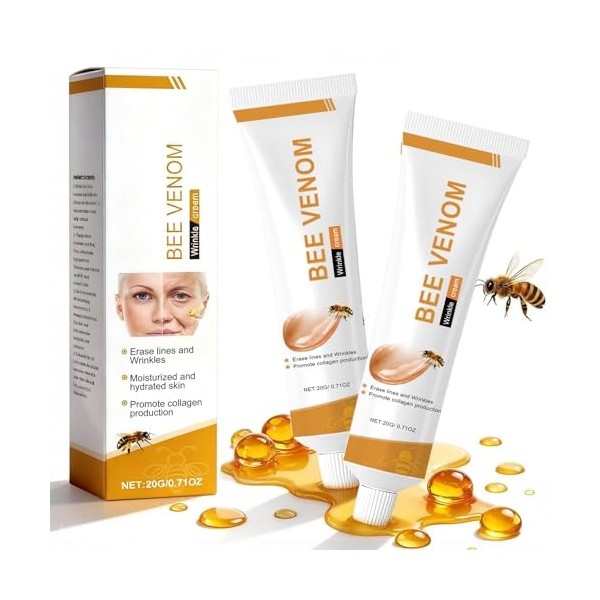 2 pièces Crème Anti-Rides au Venin dAbeille, Crème Hydratante Raffermissante pour le Visage et le Cou, Crème Hydratante Anti ...