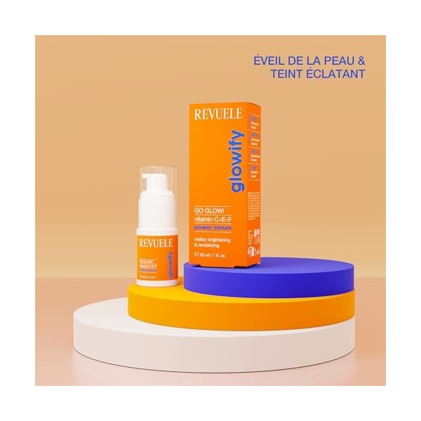 REVUELE Go Glow! Soin Visage Sérum Puissant – Vitamines C+E+F, Sérum Antioxydant et Illuminant pour Peau Terne, Uniformise le